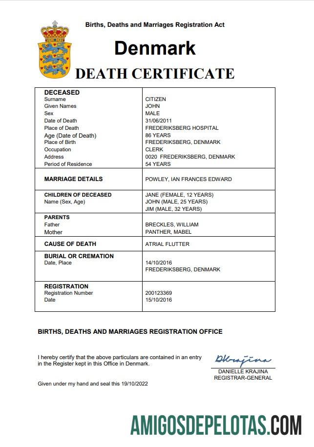 Em branco modelo Word e PDF de certidão de óbito de registro vital da Dinamarca